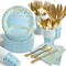 350 Pieces Blue and Gold Party Decorations 50 Guests Blue Paper Plates Plastic Forks Knives Spoons & Golden Dot Blue Party Plates Napkins Cups for 2023 Graduation Decorations Baby Shower Boy Birthday